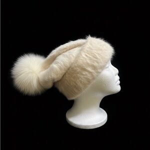 AVU LE VU Slouchy Beanie Hat Real Angora Rabbit Hair, Real Fox Pom Pom Beige